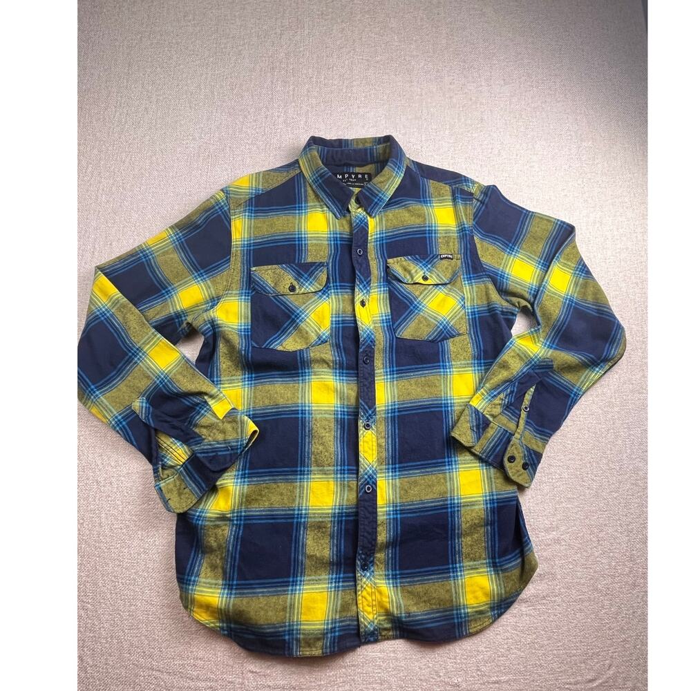 Empyre Men’s Large Blue/Yellow Plaid Flannel Long Sleeve Button Shirt Streetwear
